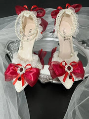 Cyflymder pointed toe heel white red y2k high heel Lolita wedding shoes bridal heel bow pearl Y2k boots heel lace stiletto heels