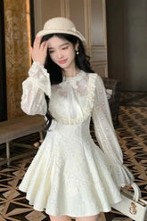 Cyflymder Sweet SpicyStyle Boucle Dress Women Princess Lace Trim Midi Skirt Set Petite Waist Defined Mini Chic Elegant A Line Coordinates