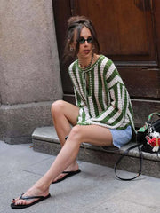 Cyflymder Elegant Knitted Stripe Pullover Women Loose Long Sleeve V-neck Lace Up Contrast Sweater Female 2025 Fashion Autumn Street Top