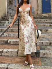 Cyflymder French Street Style V-Neck Lace Satin Slip Dress Women Floral A-Line Maxi Dress with Adjustable Straps for Summer Vacation