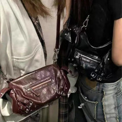 Cyflymder Vintage Hot Girl Crossbody Bag Women Studded Punk Shoulder Bag Ladies Durable Leather Large Capacity Cylinder Bowling Bag Y2k