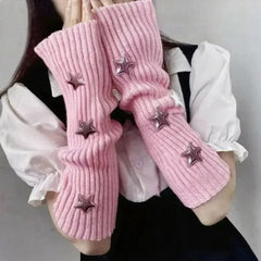 Cyflymder y2K Star Fingerless Long Wrist Gloves Arm Warmers False Sleeves Knitted Gloves Hand Sleeves Cover Black White Half Finger Gloves