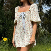 Cyflymder Women's Summer Y2K Vintage Puff Sleeve Bow Knot Tied Square Neck Plaid/Stripe/Floral Print Beach Loose Short Dress
