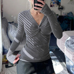 Cyflymder Autumn Thin Kink V-Neck Pullover Tight Long Sleeve Sweater Women