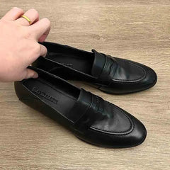 Cyflymder Women's Black Penny Loafers Leather Slip On Loafers for Women Comfortable Low Heel Dress Shoes Handmade Casual Office Shoes Lady