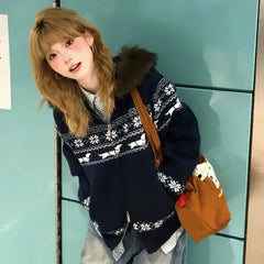 Cyflymder Retro Preppy Jacquard Sweater Jacket Autumn Winter Casual Hooded Knitted Coat Women Loose Imitation Fur Zipper Outerwears A174