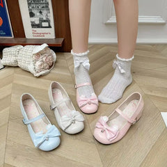 Cyflymder Women's Cute Lolita Cosplay Shoes Bow Mid Chunky Heel Platform Jane Pumps Buckle Strap Princess Uniform Wear Pink White