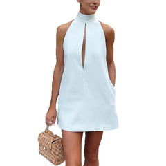 Cyflymder Elegant Women's Mini Dresses Turtleneck Hollow Out Slim Fit Solid Regular Causal Basic Summer Halter Vestidos Female