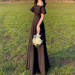 Cyflymder New A-line Wedding Dresses Sweet Ruffles Off The Shoulder Satin Black Evening Dress Elegant Floor-length Bridal Dress Customized