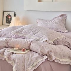 Cyflymder Vintage French Country Rustic Style Floral Bedding Set 100% Cotton Double Layer Crinkle Yarn Duvet Cover Bed Sheet Pillowcases