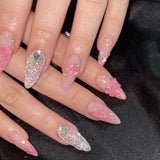 Cyflymder 24pcs milkey gradient white glitter false nails with glue press on nails almond acrylic fake nail diamond ballet artificial nail