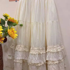 Cyflymder Big Swing Lace Patchwork Elegant Summer Skirts Women Elastic Waist Retro Embroidery Ruffle Edge A-line Midi Skirt 285B