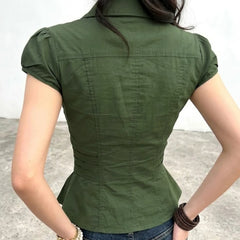 Cyflymder Vintage Green Turn-Down Collar Puff Sleeves Blouse Elegant Single Breasted Slimming All Match Woven Tops Women' s Casual Shirts