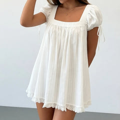 Cyflymder Vintage Puff Sleeve Maternity Dress Women Square Neck A-line Mini Ruffled Dresses Fairy Loose Fit Flowy Short Dress