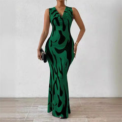 Cyflymder Women Slim Wrap Hip Dresses Geometry Print Sleeveless V Neck Stretch Dress Female Commuter Daily Casual Party Floor Length Gown