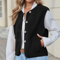 Cyflymder Women Fuzzy Lambswool Vest Winter Buttons Up Sleeveless V-Neck Waistcoats Fleece Warm Solid Color Loose Casual Outwear Jackets