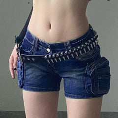 Cyflymder Motorcycle Style 3D Pockets Ultrashort Jeans Women Sexy Low-Waisted Tight Denim Shorts Woman Streetwear Trendy Y2K Jean Shorts