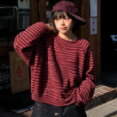 Cyflymder Vintage Laid‑back Preppy Style Striped Knit Sweater Neck Loose Knit Short Retro Y2K Casual Long Sleeve Autumn Winter Ladies Tops