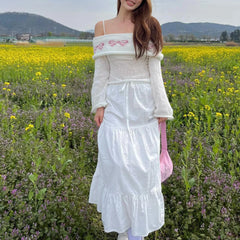 Cyflymder Women's Y2K Cute Off Shoulder Sweaters Chest Folding Slash Neck Flare Long Sleeve Slim Fit Knitted See-through Tops