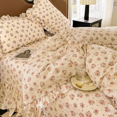 Cyflymder 4Pcs Korean Princess Style Ruffles Floral Bedding Set Skin-friendly Soft Comfortable Duvet Cover Bed Skirt Bedspread Pillowcases