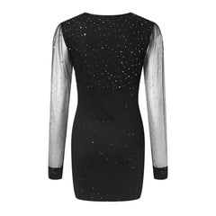 Cyflymder Women's Black Sequins Mini Dress Mesh Long Sleeve Bodycon Wrapped Hip Sexy Short Dress Deep V-Neck Patchwork Club Party Dress