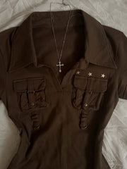 Cyflymder Coffee Colored ort Sve Ne T-irt Women's Summer Slim Fit Retro American Sle Waist Cinched Top Byao Girl