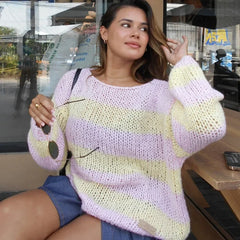 Cyflymder Women Y2k Striped Sweater Oversized Long Sleeve Color Block Knitted Pullover Aesthetic Loose Crewneck Knit Tops