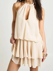 Cyflymder Fashion Sleeveless Backless Short Dresses Sexy Halter Hollow Draped A-Line Dress Ruffled Edge Hight Waist Solid Color Mini Dress
