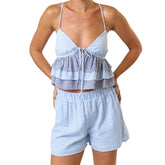 Cyflymder Women's Summer 2Pieces Striped Outfits Sweet Loungewear Spaghetti Strap Deep V Neck Layered Ruffle Tops Elastic Waist Shorts