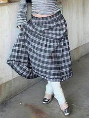 Cyflymder Women's Harajuku Style Plaid Skirt - Y2K Vintage Low Rise Chicly Long Skirt Ruched Patchwork Detail Slim Fashion Loose Fit Skirt