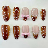 Cyflymder Bowknot Pearl French Brown Wearable Nail Art White Round Polka Dot Fake Nails Detachable Finished False Nails Press on Nails