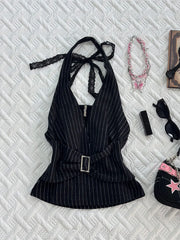 Cyflymder Sexy Black Strap Stripe Top Unique Design Retro Style Cotton Vest for Young Women Trendy Casual Wear Spring Season Chinese Brand