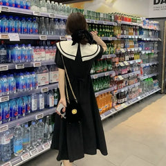 Cyflymder Black Doll Collar Puff Sleeve Long Dress Women's Clothing French Gentle Style Summer New A-Line Fashion Patchwork Aura Dresses