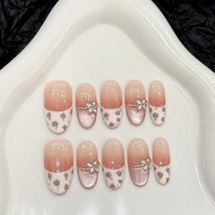 Cyflymder 10Pcs French Almond Handmade Press on Nails Pink Cat Eye Fake Nails Flower False Nails 네일팁 Накладные Ногти Uñas Postizas Mujer