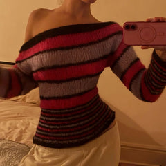 Cyflymder Women Hot Pink Light Purple Black Striped Off Shoulder Knit Sweater Y2K Long Sleeve Fuzzy Slim Fit Cropped Pullover Fall Top