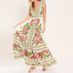 Cyflymder Sexy V-neck Women Vacation Long Dress Summer Casual Sleeveless Hight Waist Party Dress Elegant Print Draped Bow Maxi Dress
