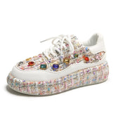 Cyflymder NEW Women Skate Shoes Platform Mid-heel Casual Sneakers Lace-up All-match Beaded Women Tennis Rhinestone Fashionable Women Shoes