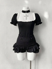 Cyflymder Gothic Vintage Two Piece Suit Women Japanese Lolita Slim Tops High Waist Black Shorts Y2K Girls Party Set chic