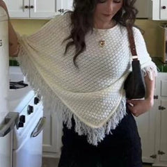 Cyflymder Vintage Crochet Tassel Cover-ups for Women Y2k Knitted Poncho Sweater Asymmetrical Knit Cape Crop Tops Beach Bikini Smocked Tees