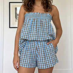 Cyflymder Women Gingham 2 Piece Pajama Set Flowy Peplum Babydoll Cami Top Wide Leg Shorts Sets Summer Beach Lounge Outfit