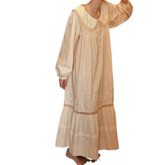 Cyflymder Women 100% Cotton Full Sleeves Nightdress Vintage Apricot Long Ankle-Length Nightgowns Loose Design Embroidery Homewear Nightie