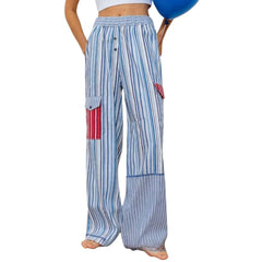 Cyflymder Fashion New Style Striped Patchwork High Street Long Pocket Trousers Elastic High Waist Casual Versatile Cool Pants For Girls