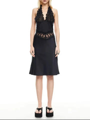 Cyflymder Sexy Patchwoek Lace Sheer Dress for Women Halter Sleeveless High Waist Backless Bodycon Fashionable Dresses Female