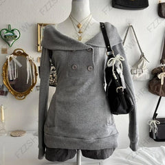 Cyflymder Y2K Women's Autumn and Winter Knitted Pullover Casual Loose Chic Solid Color Button Open Lapel Sweater Office Lady Commuter Wear