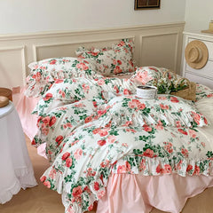 Cyflymder French Vintage Bed Skirt Bedding Set 100% Cotton Rose Print Linen Set Lace Ruffles Duvet Cover Bed Sheet Fitted Sheet Pillowcase