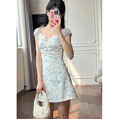 Cyflymder Vintage Floral Mini Dress Women Party Elegant Bow Lace Dresses Summer Korean Flying Sleeve Square Collar Bodycon Design Vestidos