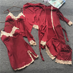 Cyflymder 5 Pieces Silk Pajamas Sets Women Satin Sleepwear Robe Pants Bathrobe Lingerie Lace High-quality Ice Silk Comfort Spring Summer
