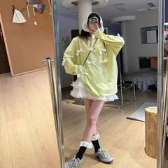 Cyflymder Summer Fashion O Neck Long Sleeve Loose T Shirts Sweet Bow Appliques Lazy High Street Clothes Y2k Have Shoulder Pads Thin Tops