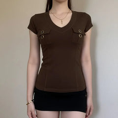 Cyflymder All Match Harajuku Punk V Neck Short Sleeve Safari Style Shirts Y2k American Punk Casual Clothes Slim High Street Lazy Tops