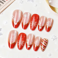 Cyflymder 24Pcs Cat's Eye Red French False Nails Press on Mid-length Almond Fake Nails Bow Snowflake Pearl Wearable Full Cover Nails Tips